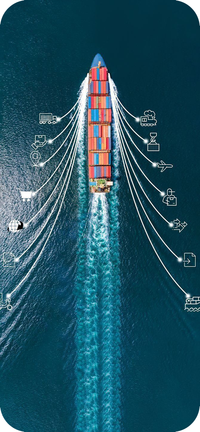 Container ship connected to global logistics services